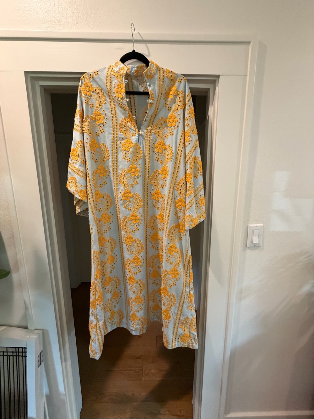 Yellow Printed Midi Dress with Kimono Sleeves